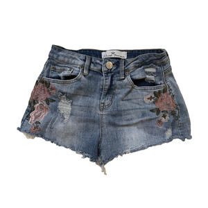 Almost Famous Shorts Womens 3 Blue Denim High Rise Embroidered Distressed Floral